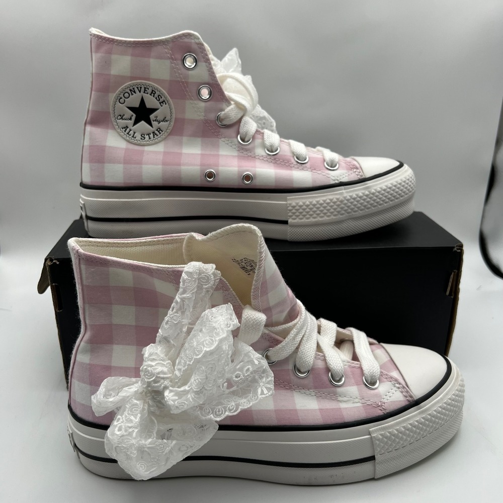 Converse CTAS Lift Hi Womens 7.5 Pink Gingham Lace Bow Platform Sneakers